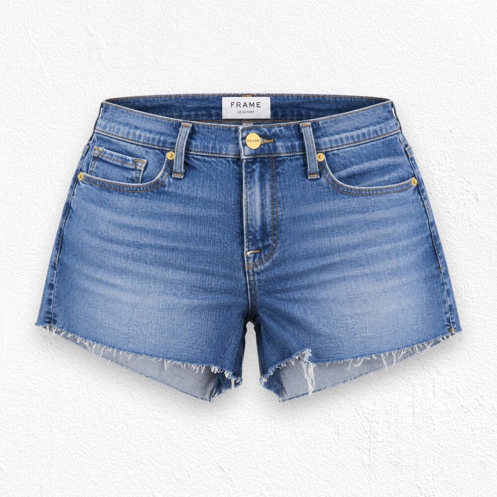 FRAME Le Cutoff Bixby Blue Raw Frayed Hem Stretch Denim Shorts Size 31 NWT